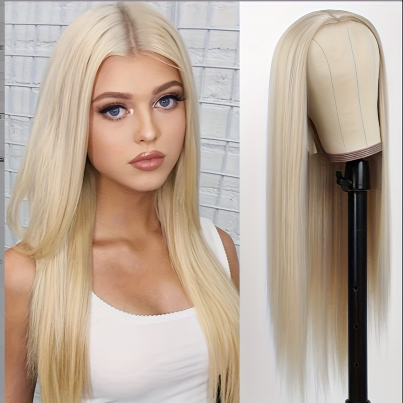 TEMU 28" Looking Blonde Wig For Women - Glue-free 613 Light Golden Synthetic Hair, Heat Resistant Fiber Straight Density Wigs For Daily Wear, Parties, Cost- (no Needed)
