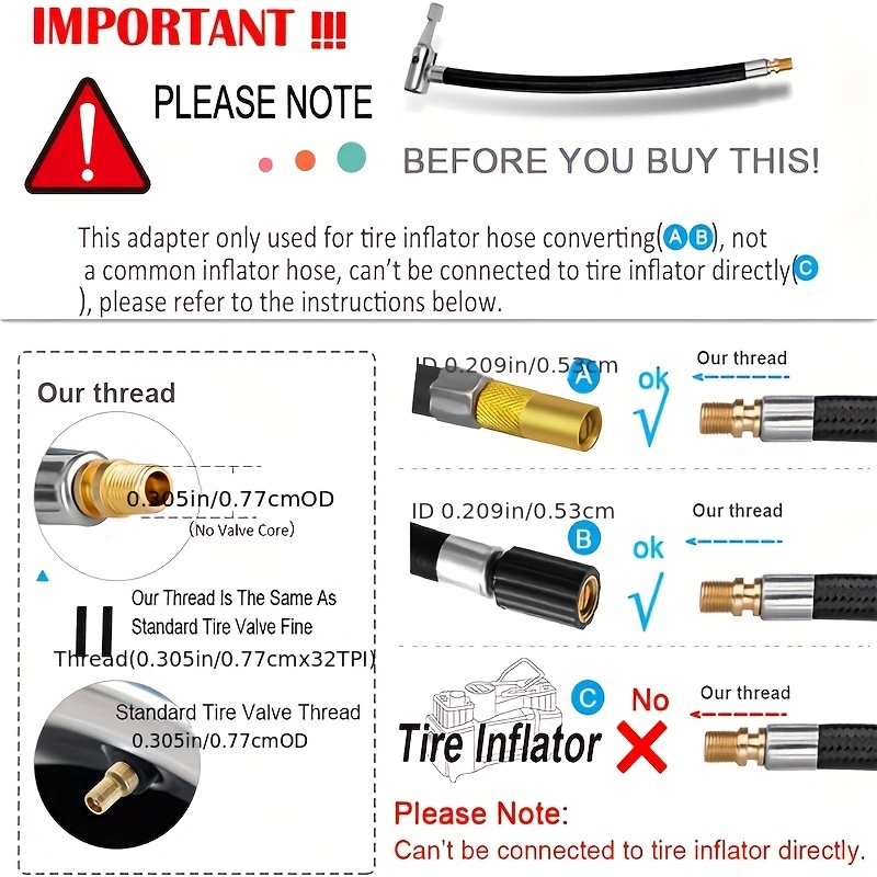 комплект шланга для накачки - 60 см/23,62 дюйма, резьба m8, 4 насадки и воздушный клапан | плетеный синтетический каучук, адаптер с мелкой резьбой сша (0,305x32tpi) | прочный и гибкий, подходит для шин автомобиля/мотоцикла/велосипеда | удлинительная трубка для насоса Детали 2