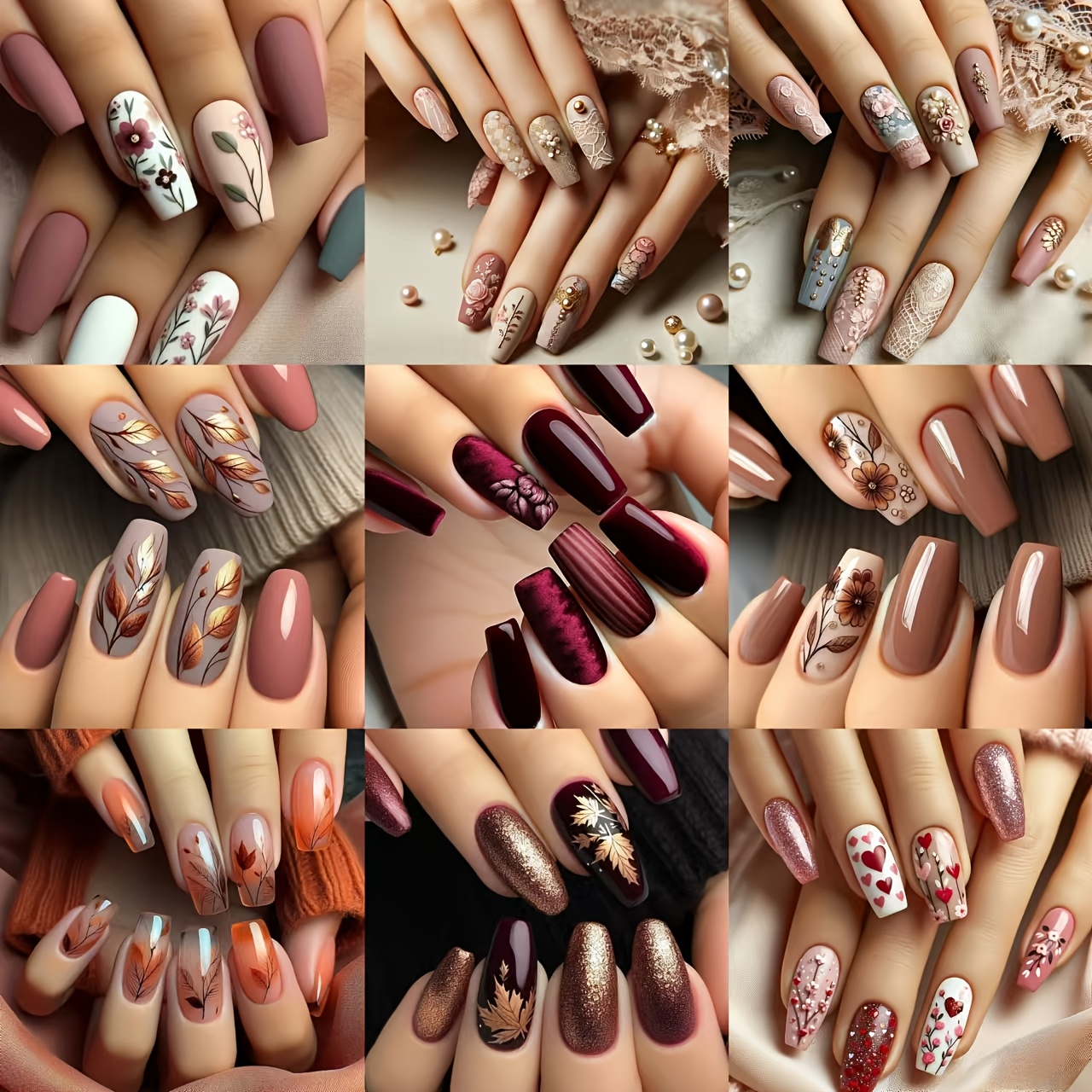 TEMU 216pcs Ballet Nail Shape Press On Nails Set, Mixed With Flower & Maple Patterns, Middle Length With Glossy Finish - Seasonal Fashion Kit Including Jelly Adhesive & Nail File