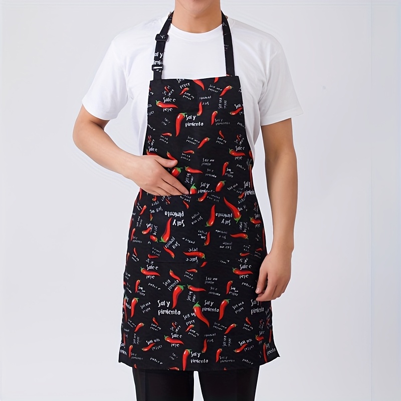 TEMU Polyester Chef Apron With Adjustable Straps, 2 Pockets - Striped & Patterned Half-length Apron For Cooking, Bbq, Camping, And Kitchen Use,