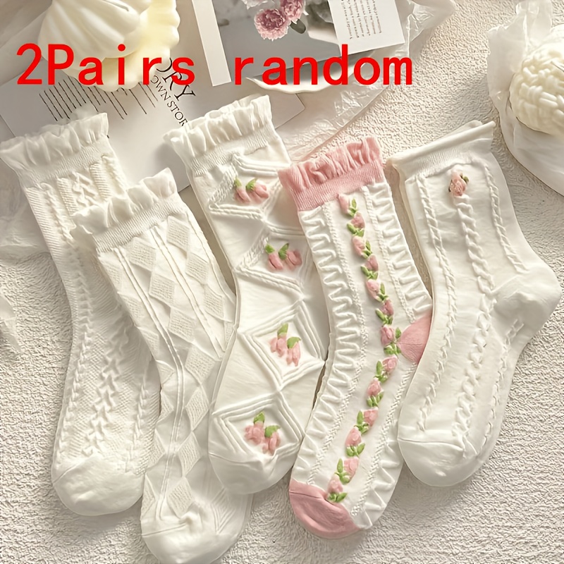 TEMU 2 Paar Damen Wadenhohe Socken in Weiß mit zufällig gemustertem Spitzenbesatz
