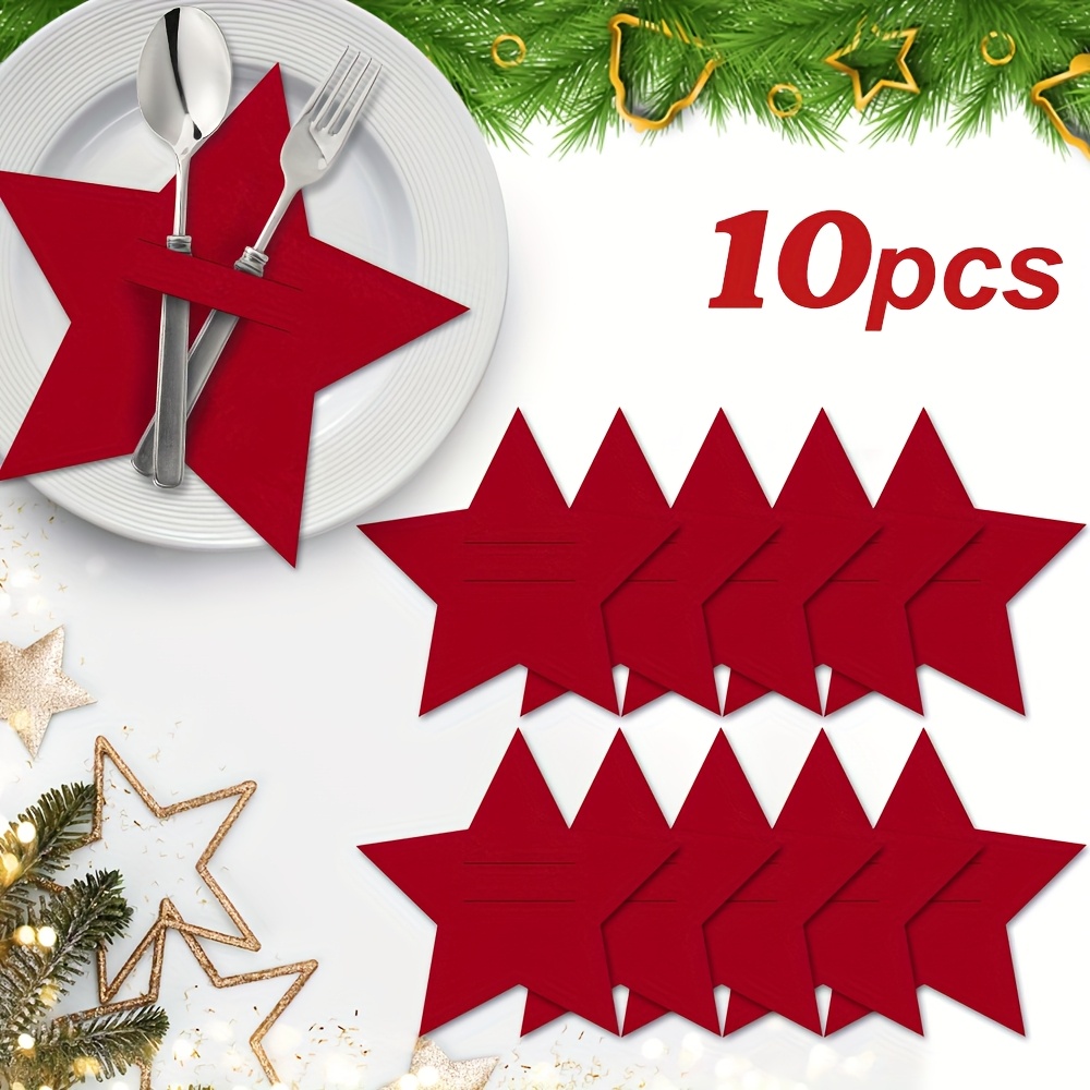 Image of 10pcs, Christmas Pentagram Placemats, Felt Fork And Spoon Bag Set, Christmas Table Decoration Cutlery Bag, Christmas And Other , Theme Party Theme Decorations