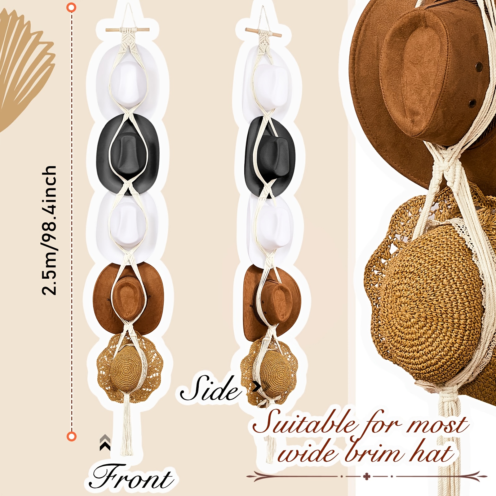 TEMU Handmade Boho Hat Hanger Wall Organizer - Macrame Decorative Display For Cowboy Hats, Fedoras, Wide Brim & Baseball Caps