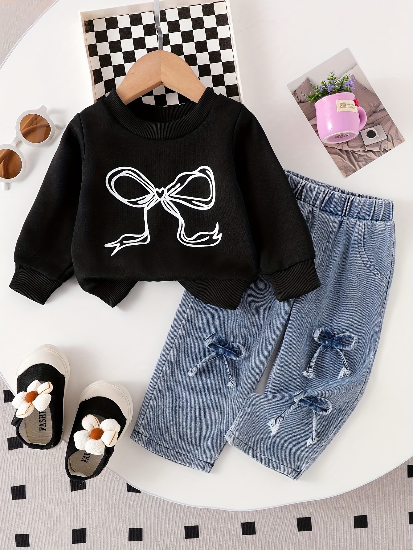 2pcs s bow print 3d bow detail sweatsuit pants black round neck long sleeve romper with elastic waist pants outfit for   hand washable 2pcs suit   outdoor Product details 1