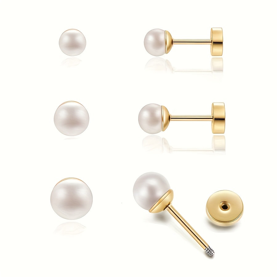 TEMU 6pcs Cute Surgical Stainless Steel Pearl Earrings Set For Women Dainty Cartilage Helix Flat Back Screw Earrings Gifts Jewelry