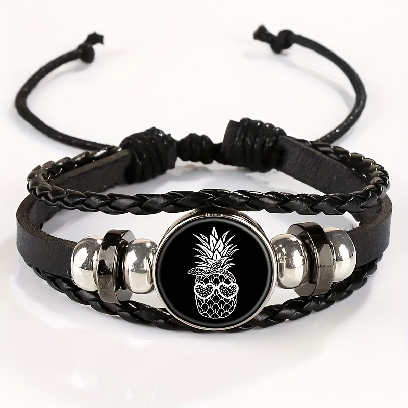 TEMU Adjustable Vintage Bracelet With Fashion Glasses Pineapple Charm Necklace Pendant - Stylish Black Leather Wristband For Casual Attire, For