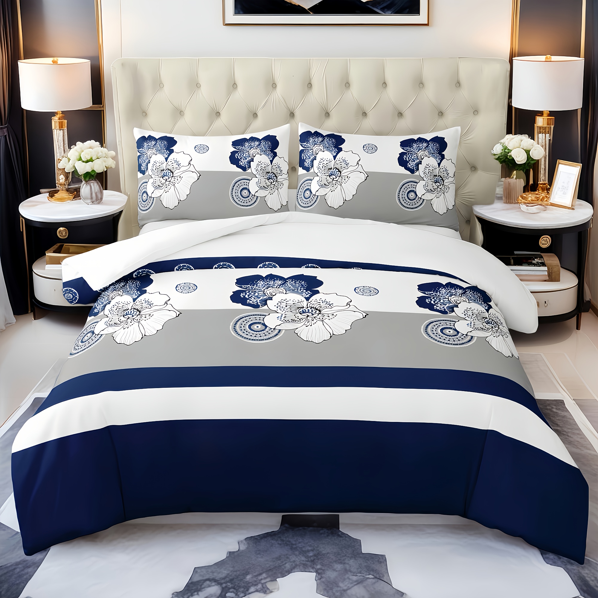 E-shop 3-teiliges klassisches modisches blau-weißes Bettwäsche-Bettbezug-Set mit Blumenmuster, 1 Bettdeckenbezug aus und 2 Kissenbezüge, unbesetzt, für