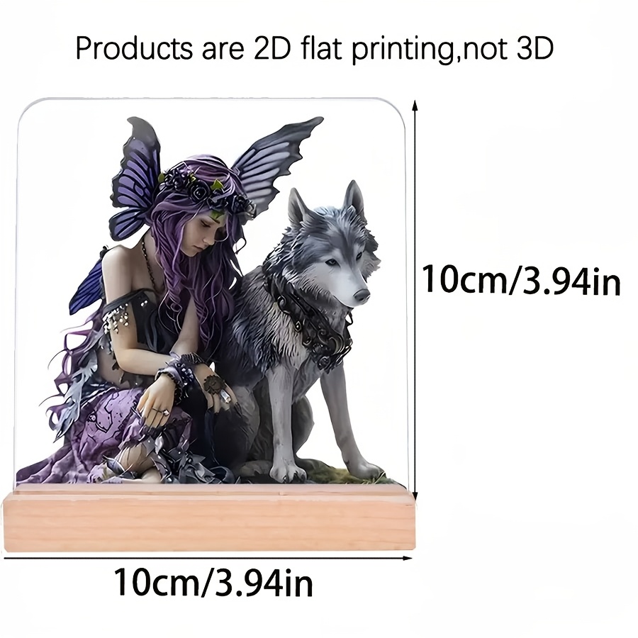 TEMU 2d Flat (base Included) Fairy & Wolf Acrylic Desk Ornament - Perfect For Home, Workplace, Or Café