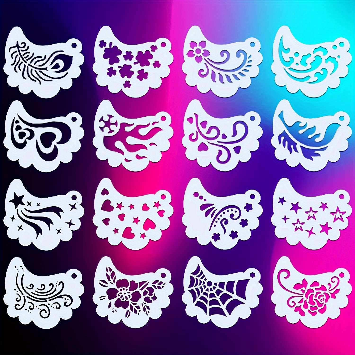 

16-piece Face Painting Stencil Set For Cosplay, Masquerade & Stage Parties - Washable, Bendable, Reusable Pet Templates With Smooth Edges