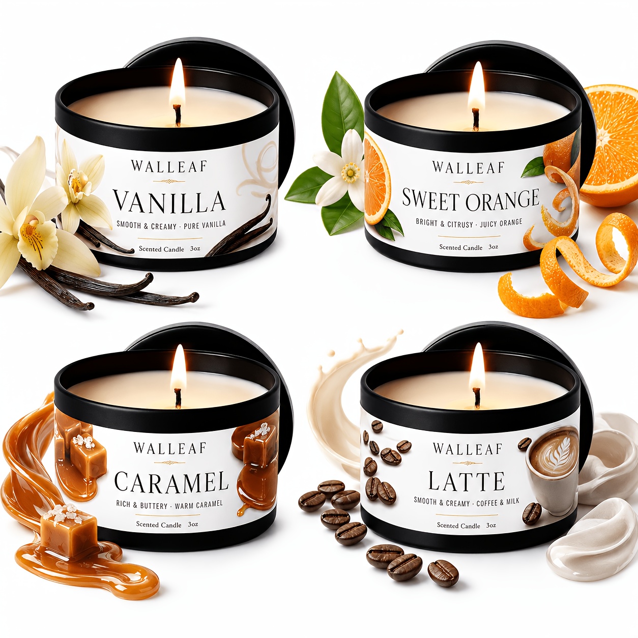 TEMU Walleaf 4-pack Scented Vanilla Orange Caramel Latte Set Sweet Dessert Coffee Inspired Fragrance Candles For Bedroom Table Styling Autumn