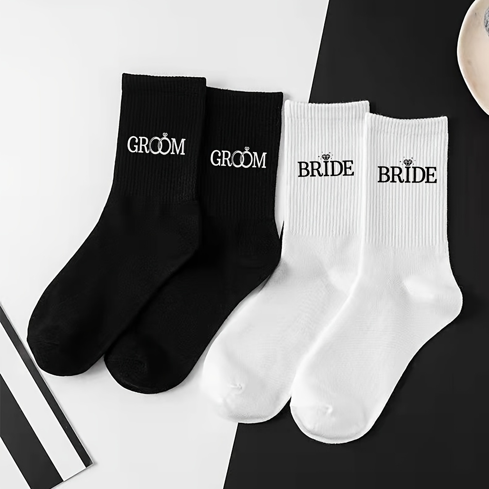 E-shop 2 Paar BRIDE/GROOM Socken, dekorative Socken mit Hochzeitsthema, Paarsocken, stilvolle schlichte weiße Socken, kreative Requisiten für