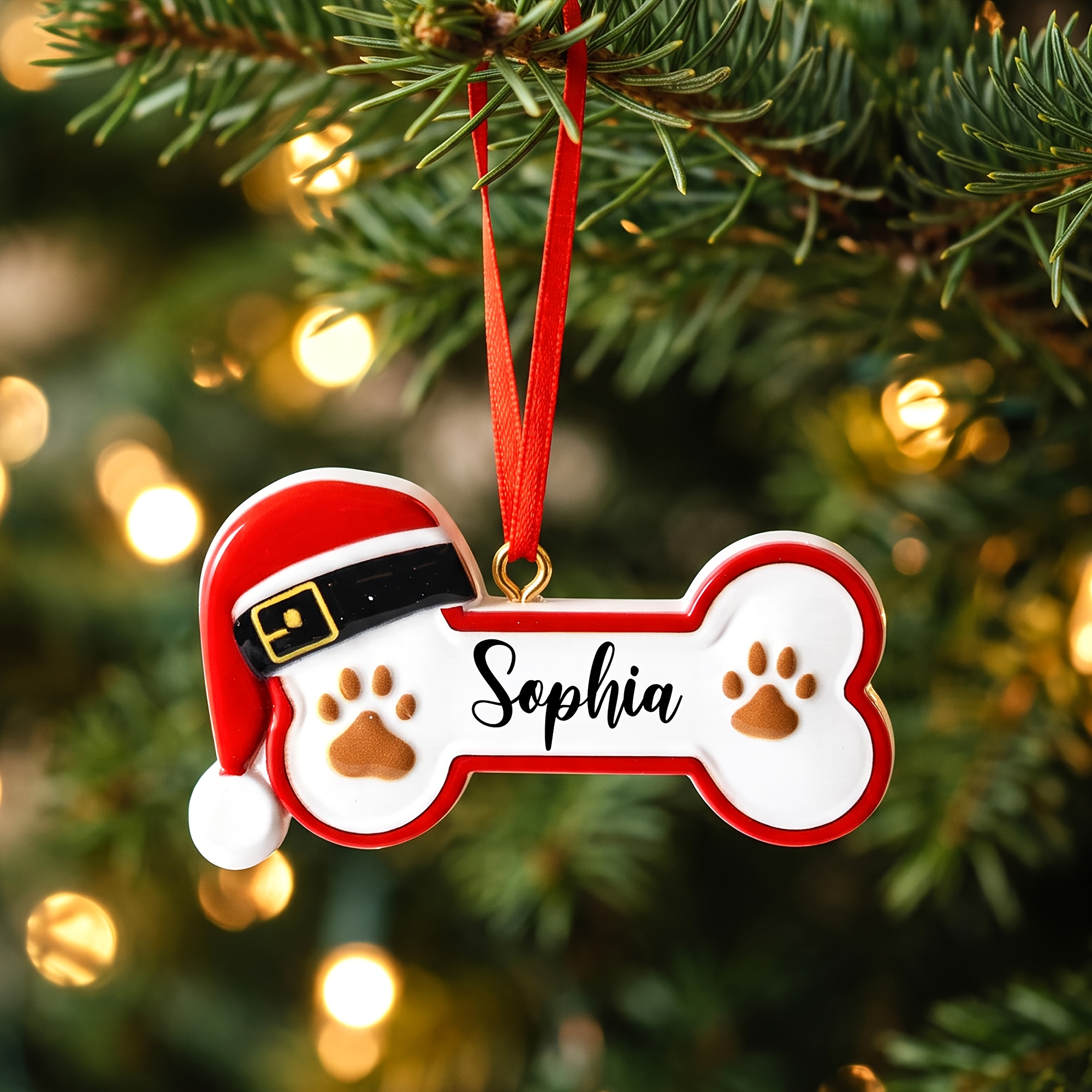 TEMU Personalized Dog Bone Christmas Ornament, Custom Name Resin Pet Ornament With Santa Hat, Customized Paw Print Xmas Tree Hanging Decor, Dog Lover