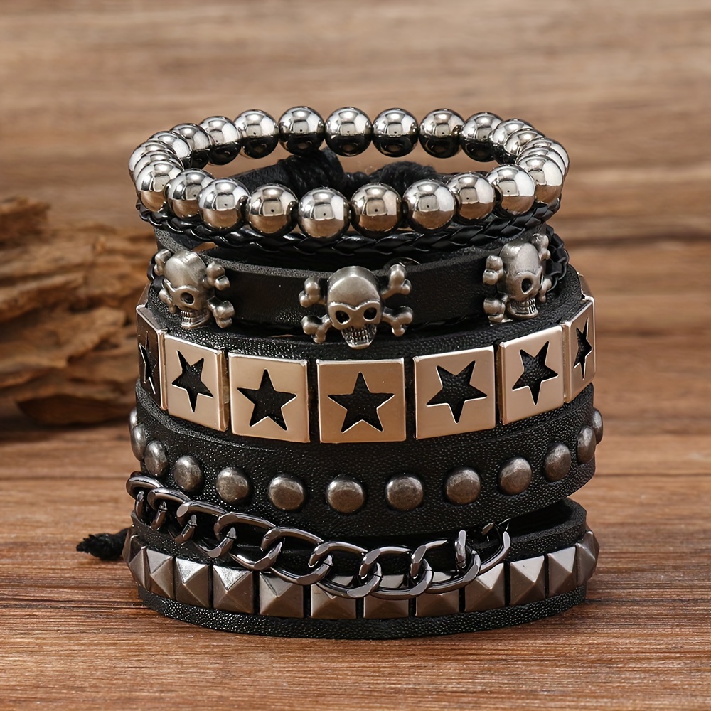 

Men's Gothic 4pcs Fashion Bracelet Set - Silvery-plated Alloy With Skull & Star Design, Wide Faux Leather