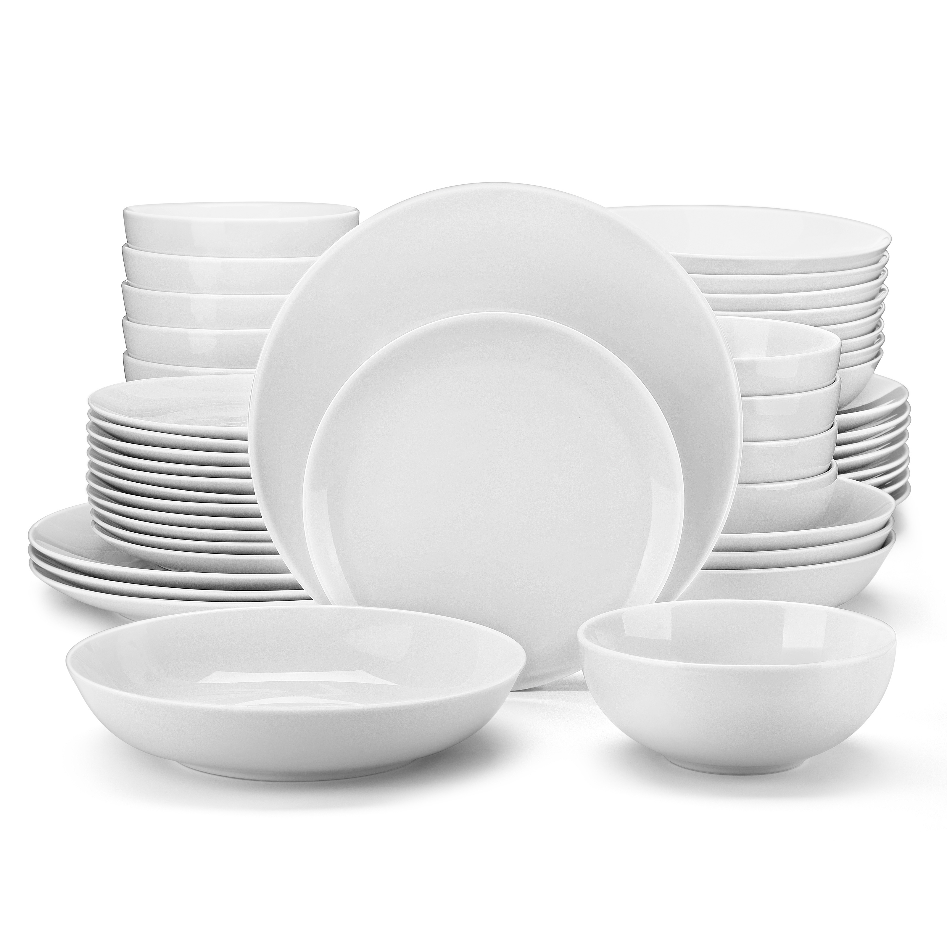 E-shop 48-teiliges Gourmet-Porzellan-Geschirrset, Modernes Weißes Rundes Geschirr für 12 Hochwertige Servierteller und Schüsseln-Sets für Dessert,