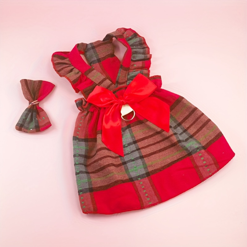 TEMU Green Check For Hese Dress With Bow Tie & Lace Trim - Costume, Machine-washable Winter/spring/fall Outfit For /medium Dogs (chihuahuas, Pomeranians, Shih Tzus) - Pet Clothing