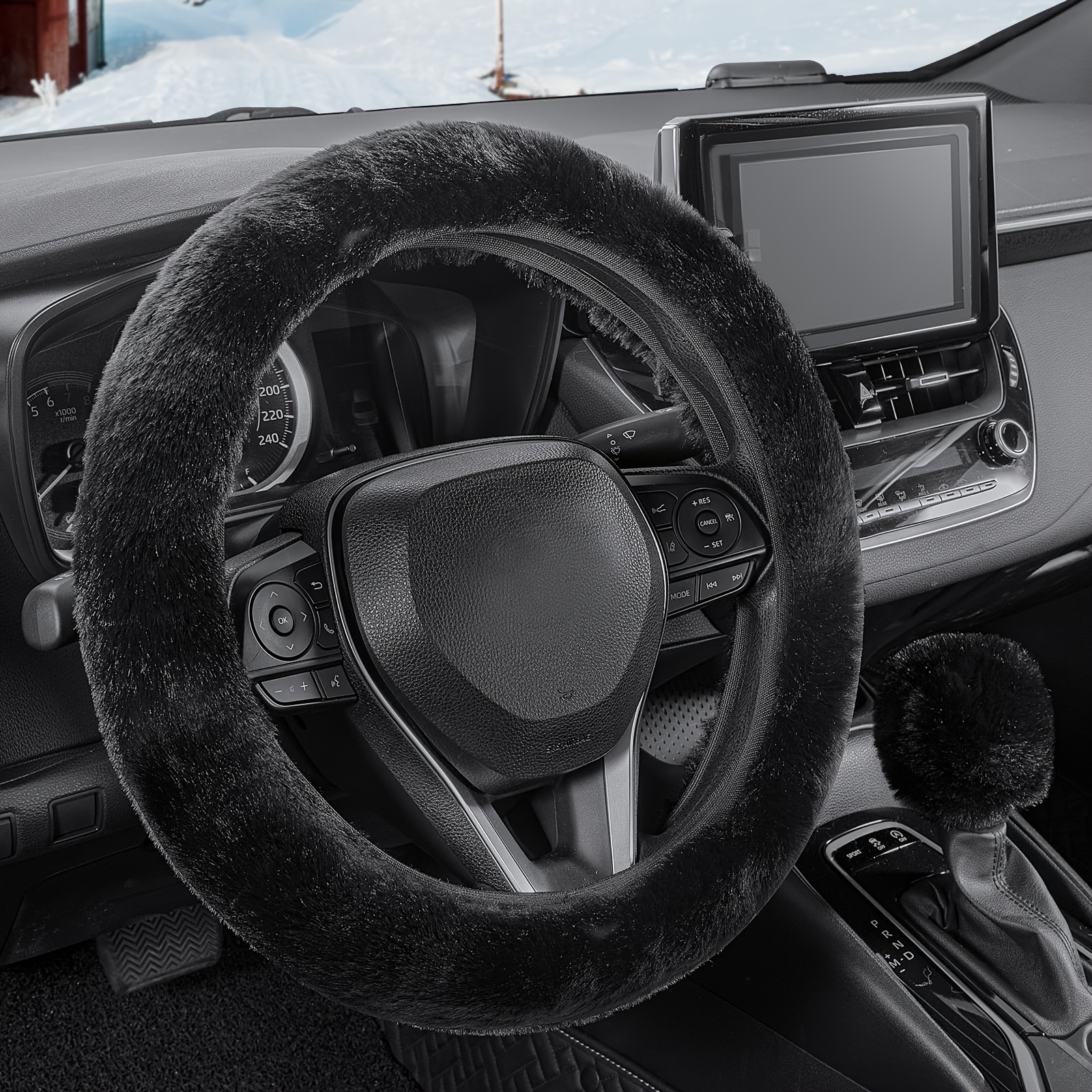 TEMU Winter Plush 2pcs Car Steering Wheel Cover And Gear Shift Knob Cover Set, Comfortable And Warm, Universal Size, Multiple Colors Available