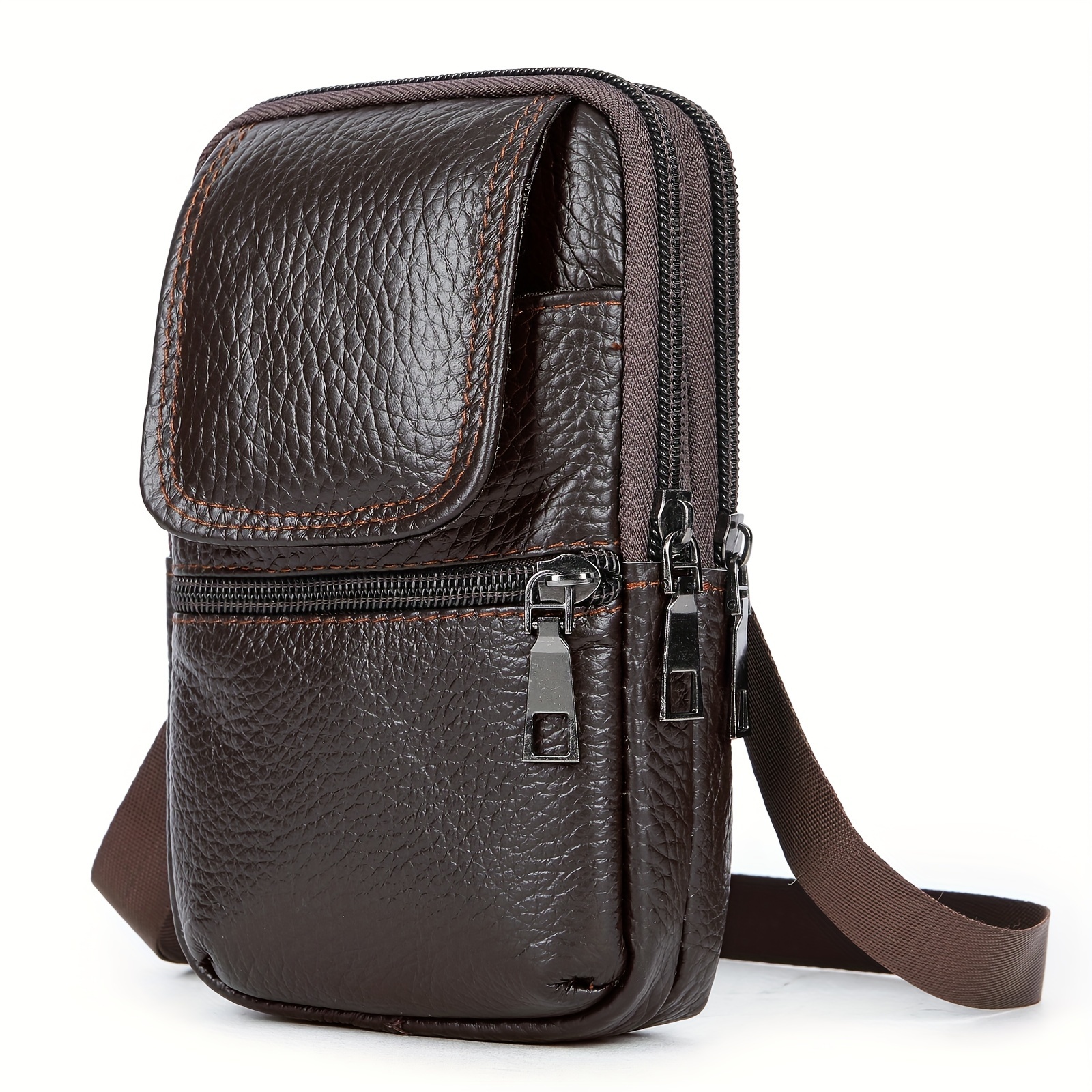 TEMU Men's Simple Casual Genuine Leather Crossbody Bag Mobile Phone Bag Outdoor Top Layer Cowhide Waist Bag