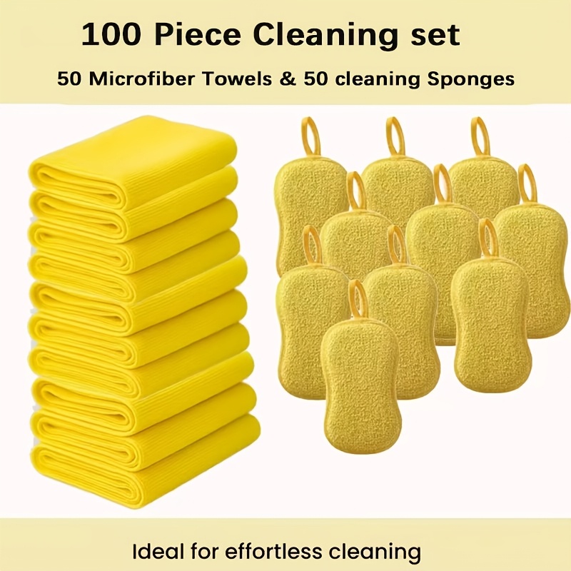 100pcs Cleaning Cloth And Sponge Set, 50pcs Absorbent Towels + 50pcs Double-sided Cleaning Sponges, Reusable Cleaning Set For Kitchen, Car, Bathroom, Tableware, Home Cleaning Set