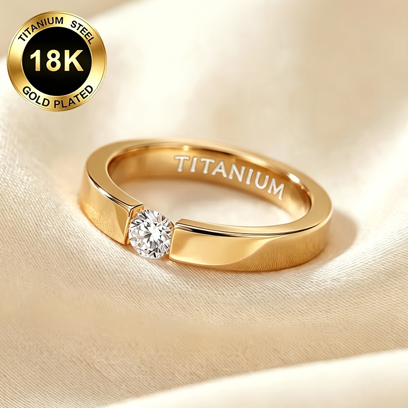 TEMU Anillo de circonita sintética individual, acero de titanio, chapado en oro de 18K, diseño minimalista de piedra con garra en T de lujo , ,