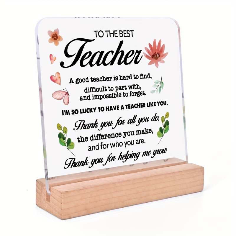 

Best Teacher Appreciation Acrylic Plaque With Wooden Stand - Teacher's Day, Birthday, Retirement & Back To School Gifts - Inspirational Keepsake For Home Or Office Desk Decor, Best For Christmas