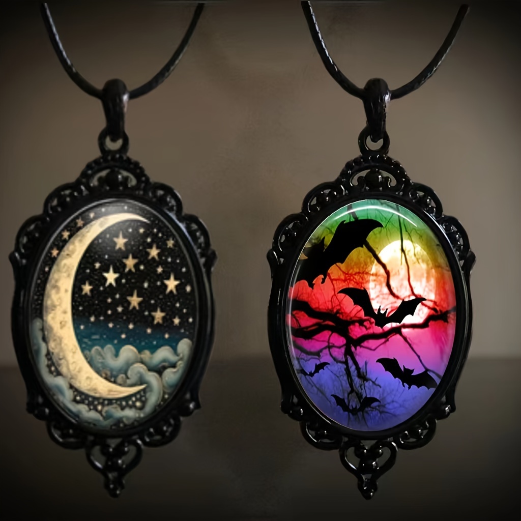 

2pcs Gothic Retro Vampire Bat&moon And Star Pendant Necklace, Fashion Oval Pendant Chain, Party Accessories And Gifts.