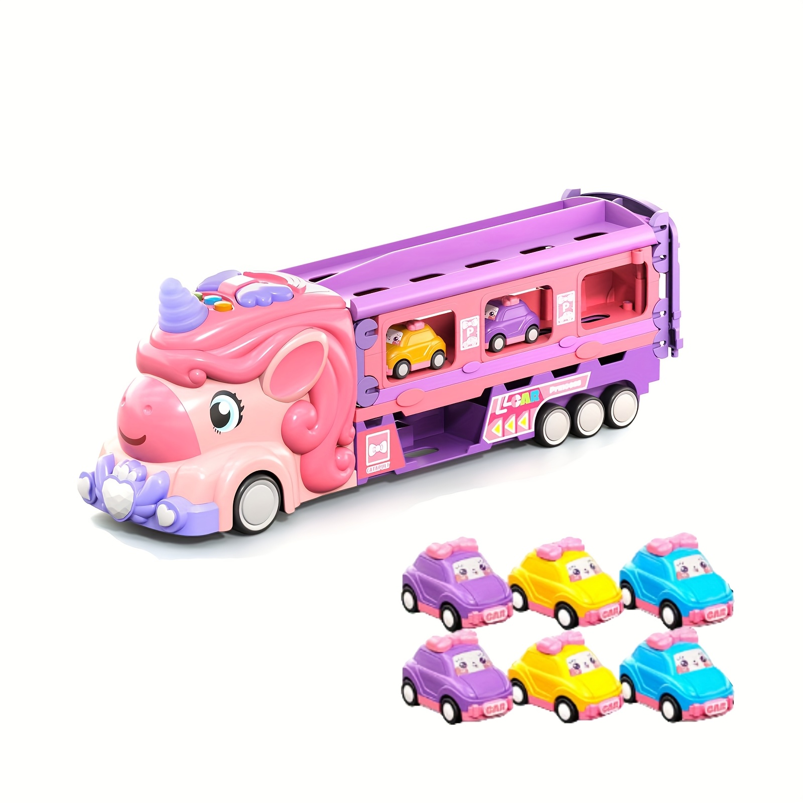 Girls' Unicorn Toy Truck Foldable Track Playset with Princess Cars,  Manual/- (No AA) Friction- Push-Action Moving Cars, Realistic Sound  Effects, P