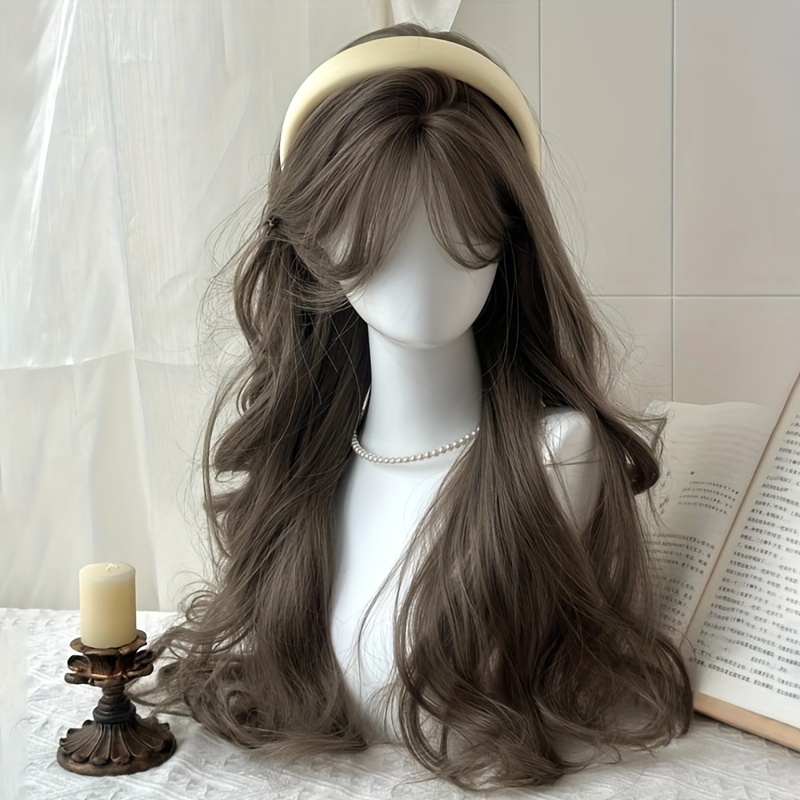 Image of 26-inch Women's Wig Age Reduction Straight Bangs Mint Cold Brown Big Waves Long Curly Hair Gentle Temperament European And Everyday Elegant Music Festival Party All-purpose Wig
