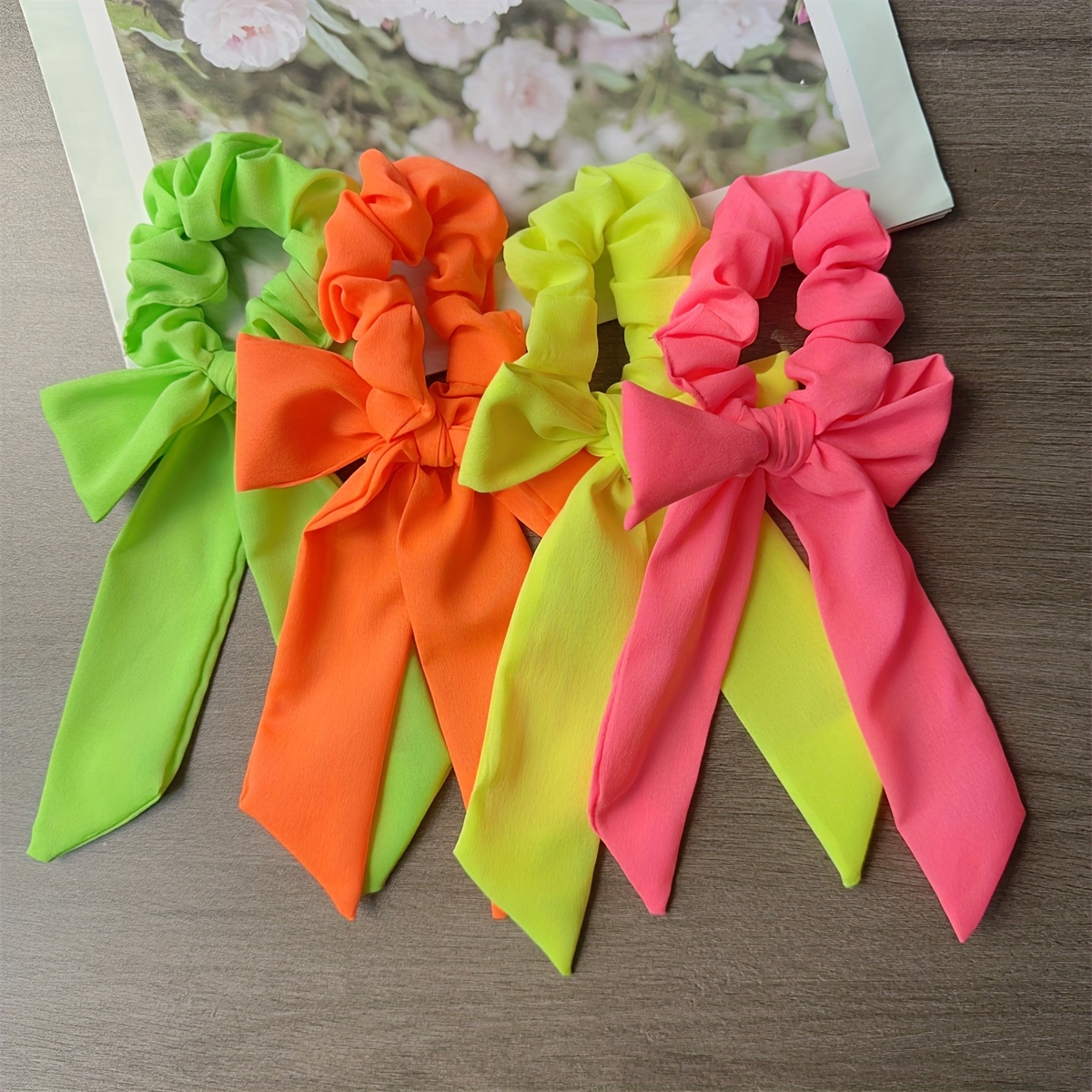 

4pcs Sweet Fluorescent Fabric Bow Scrunchies For Women, Y2k Style Summer Hair Accessories, Ribbon Ponytail Holders Large Intestine Hair Bands For Music Festival