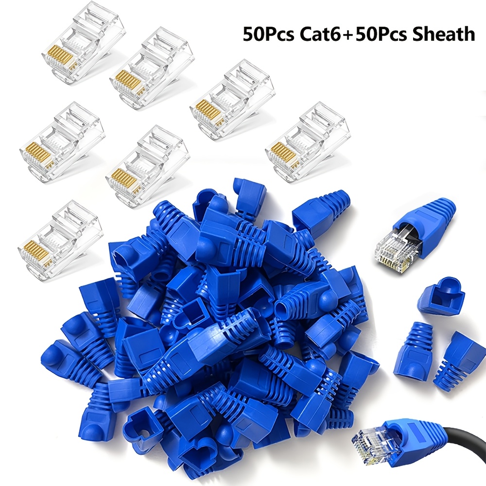 

1set Rj45 Ethernet Connector Kit - 50pcs Cat5e/cat6 And 50pcs 8p8c Pass-through Plug With Protective Sleeves For Reliable , Sheath, Ethernet Cable Connector