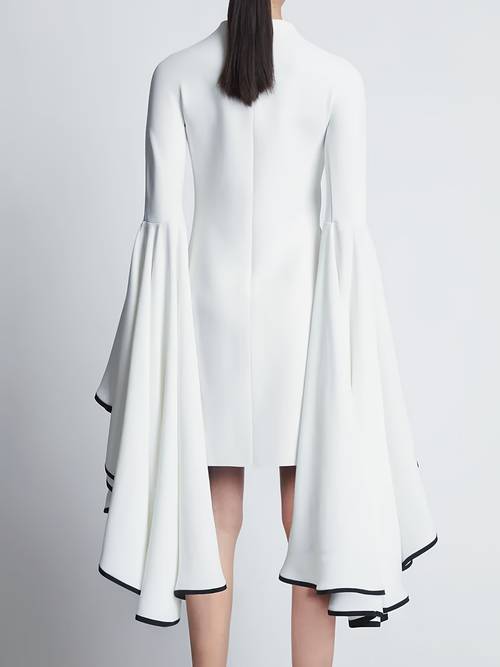 womens elegant bell sleeve dress with contrast trim solid color a line short dress stand up collar machine washable for spring summer fall occasion wear design fabric cute dresses