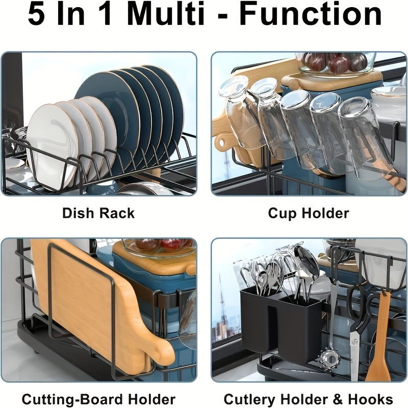 heavy duty space saving countertop organizer large capacity dish drainer rack with cutting board cup holder 3 hooks rust resistant kitchen storage for plates bowls utensils cups compact over sink or countertop use modern   dish drying rack for kitchen counter sturdy construction busy households Product details 5