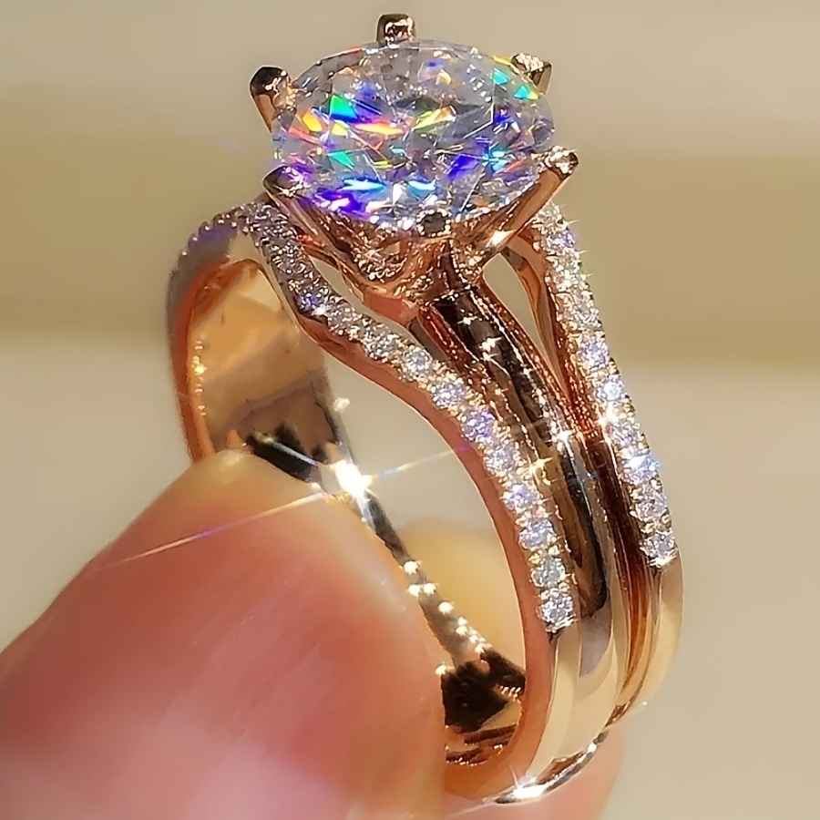Image of Elegant Sparkling Cubic Zirconia Engagement Ring - Luxurious Copper With Synthetic Gemstone, Perfect For Weddings & Parties, Birthstone, Ideal Valentine's Gift