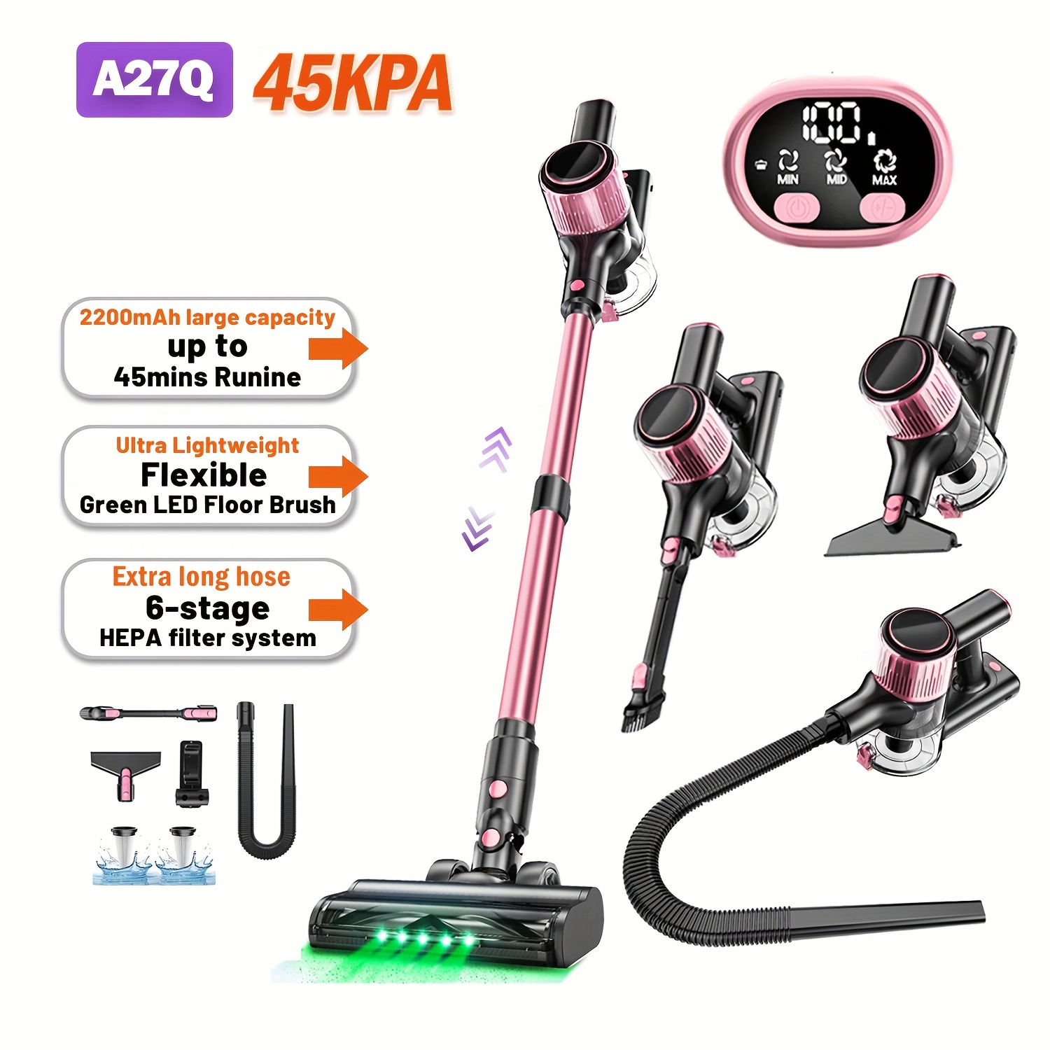 High Suction Home Cordless Vacuum Cleaner, 10-in-1 Cane Vacuum Cleaner, 45-minute Range, 3 Suction With Upgraded Green Led Lights And -free Brush For Home, Hardwood Floors, Carpets And Pet Hair.