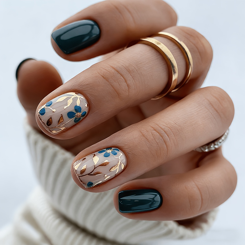 24pcs Short Square Dark On Nails, Glossy Nude Base With & Blue Floral Designs, Perfect For Office, Wedding & Elegant Daily Manicure