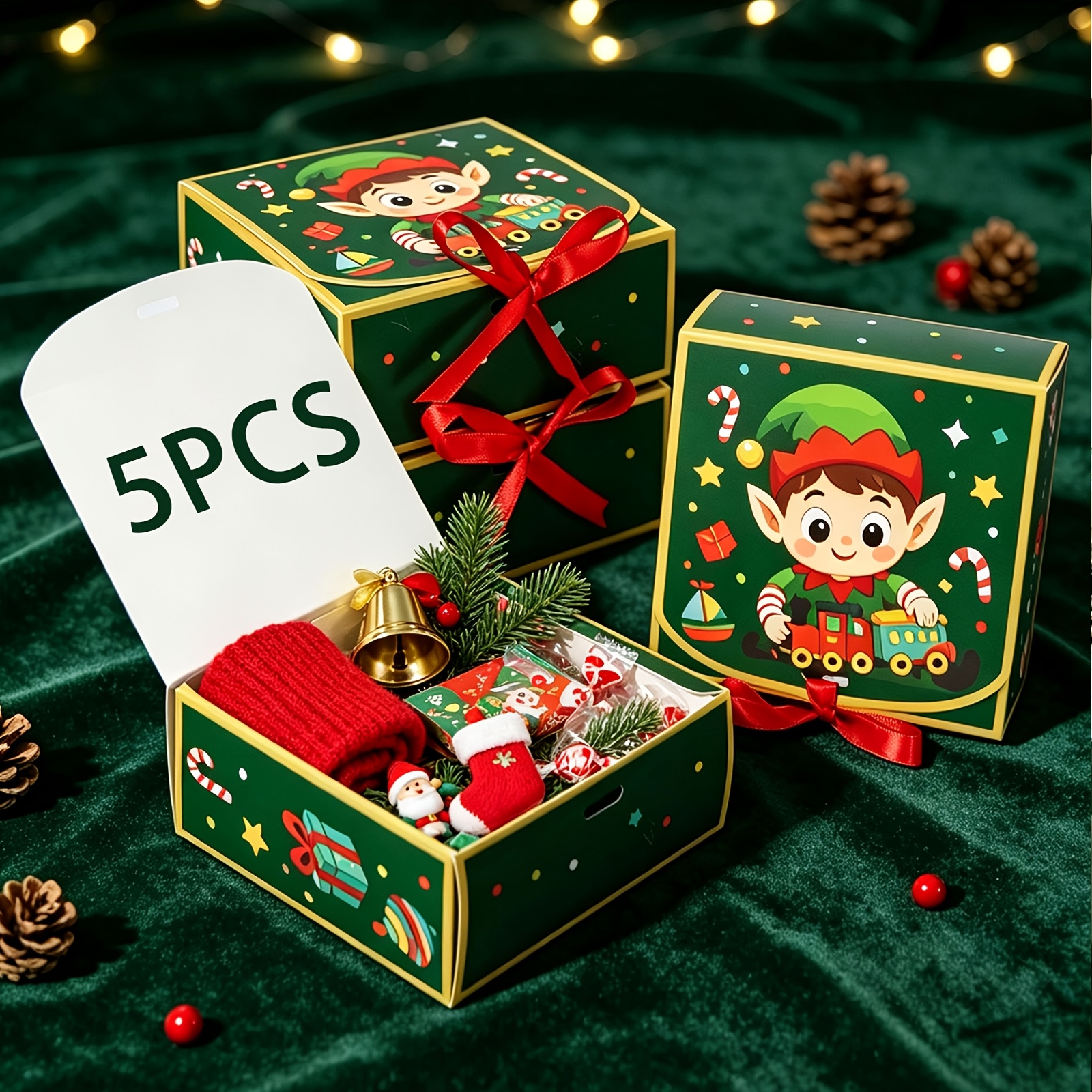 TEMU 5 Stück/Niedliche Elfen-Weihnachtsgeschenkboxen, Weihnachts-Verpackungsschachteln aus Papier mit roter Schleife, Aufbewahrungsboxen für