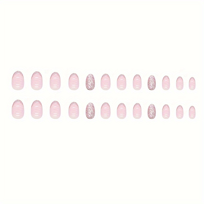 24pcs short explosive fake nails pinkish french false nails sweet oval shaped press on nails details 3