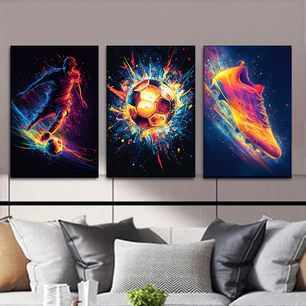 TEMU 3pcs Set Abstract Football Player Wall Art Posters - Unframed Soccer-themed Hand-drawn Canvas Paintings, Modern Decor For Office, For Cave,