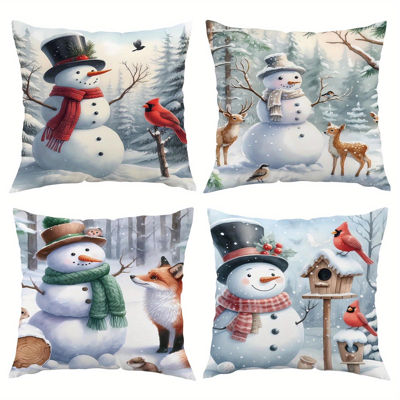 

4pcs Set Christmas Snowman Plush Pillow Covers, 18x18 Inch, Zippered Single-sided Print, Perfect For Sofa & Bedroom Decor - Machine Washable Polyester