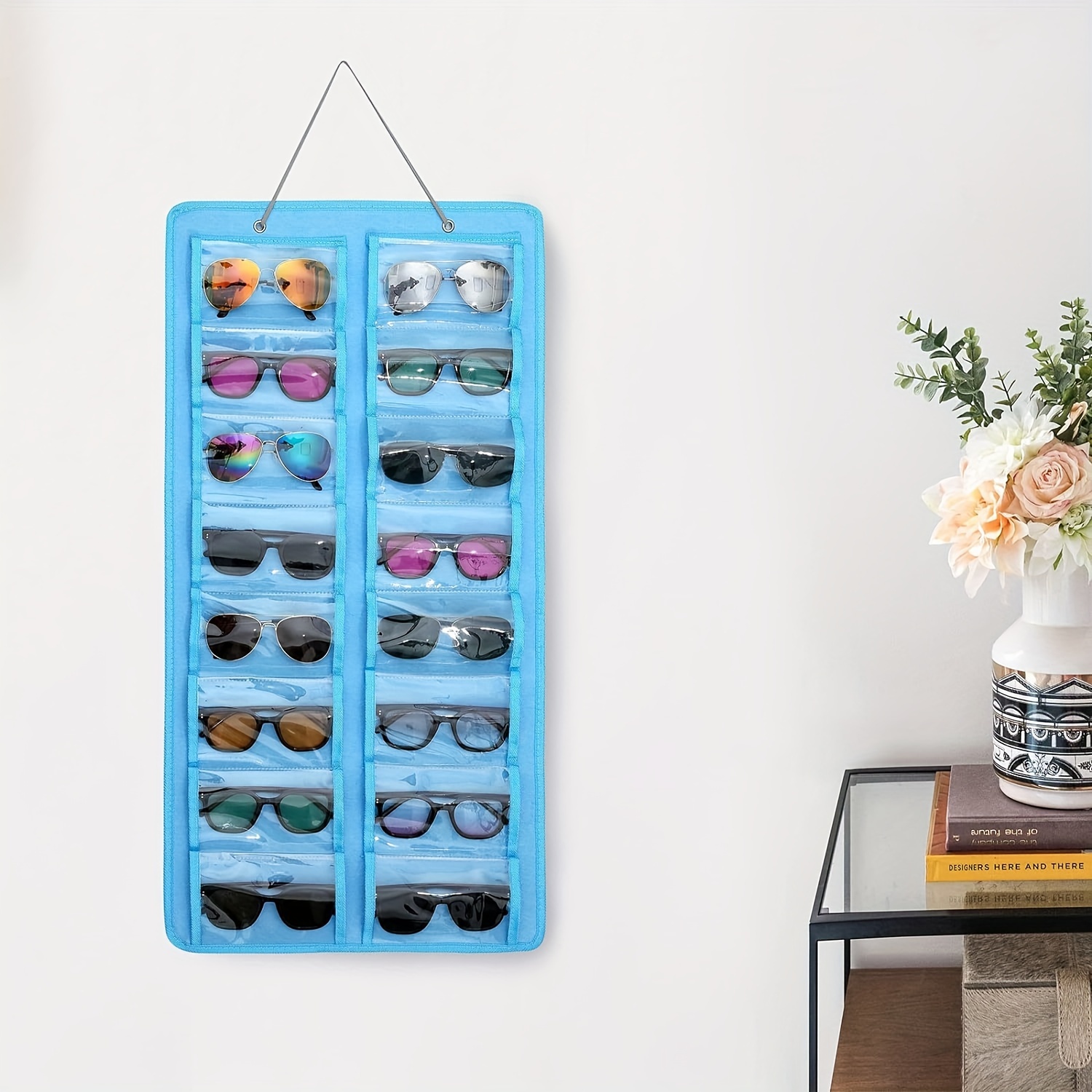 16 slot glasses organizer hanging pvc wall pocket dust proof glasses holder with metal hook and sturdy rope ideal for womens fashion accessories perfect christmas halloween gift details 2