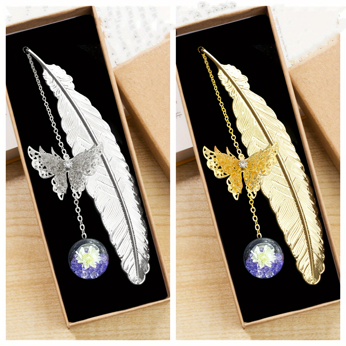 

Elegant Metal Feather Bookmark With Dried Flower & Butterfly Leaf Charm - Premium Reading Accessory For Office And Use