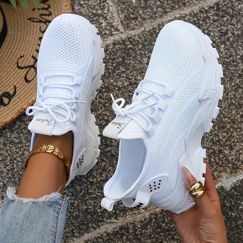 womens breathable knit sneakers lightweight low   shoes comfortable   soft sole casual athletic footwear white mesh design with rubber outsole lace up closure   casual attire and light activities