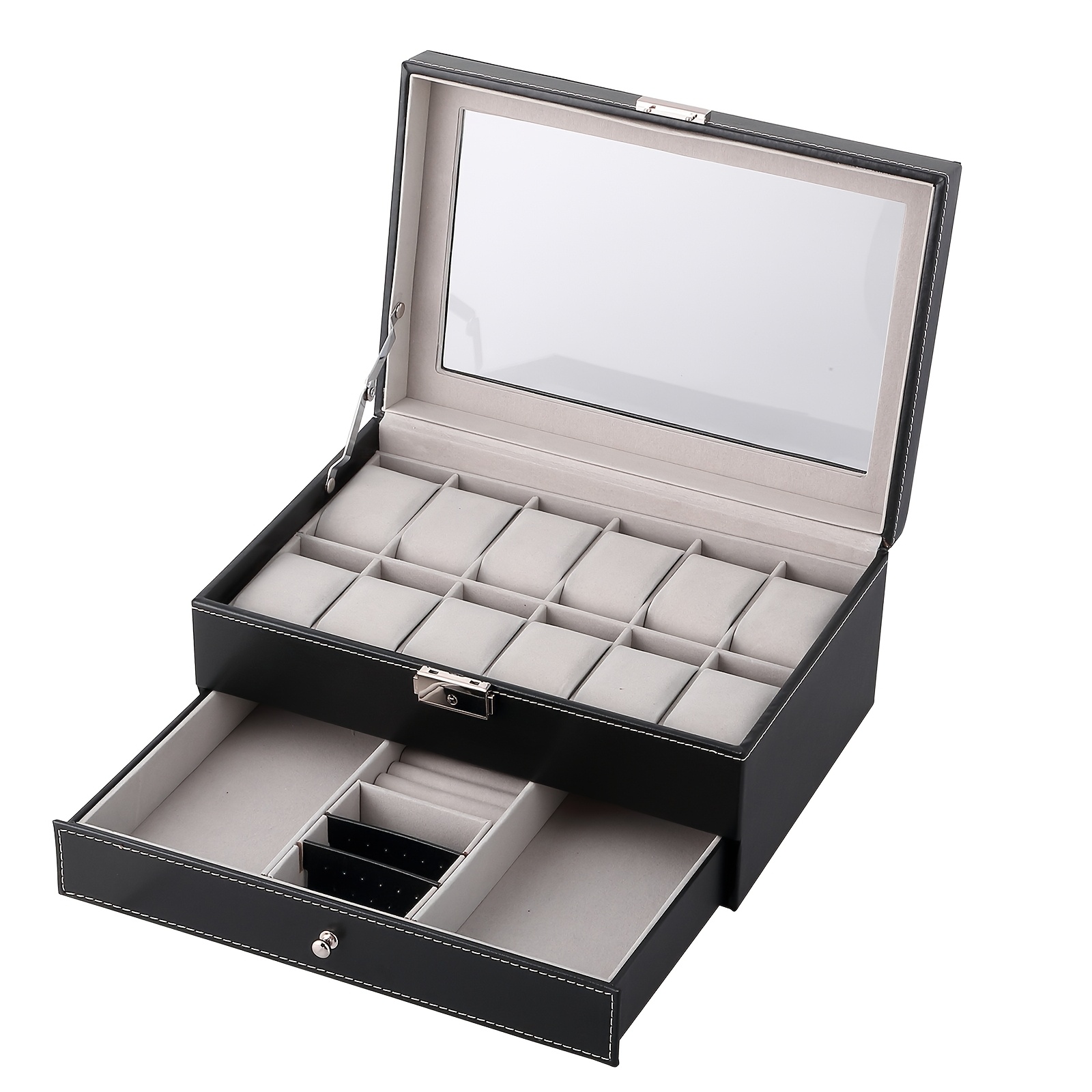 TEMU Watch Box For Men, 12 Slot Watch Display Case With Drawer, Mens Watch Case With Glass Lid, 2-layer Jewelry And Watch Storage Watch Holder