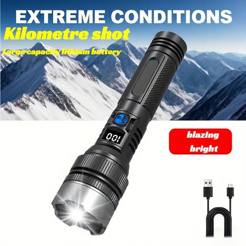varebillede led lommelygte, bærbar taktisk zoom lommelygte, indbygget 18650 lithium batteri, usb type-c genopladelig, høj intensitet nødlampe med aluminium lampeskærm, egnet til camping, vandreture og nødsituationer ip66