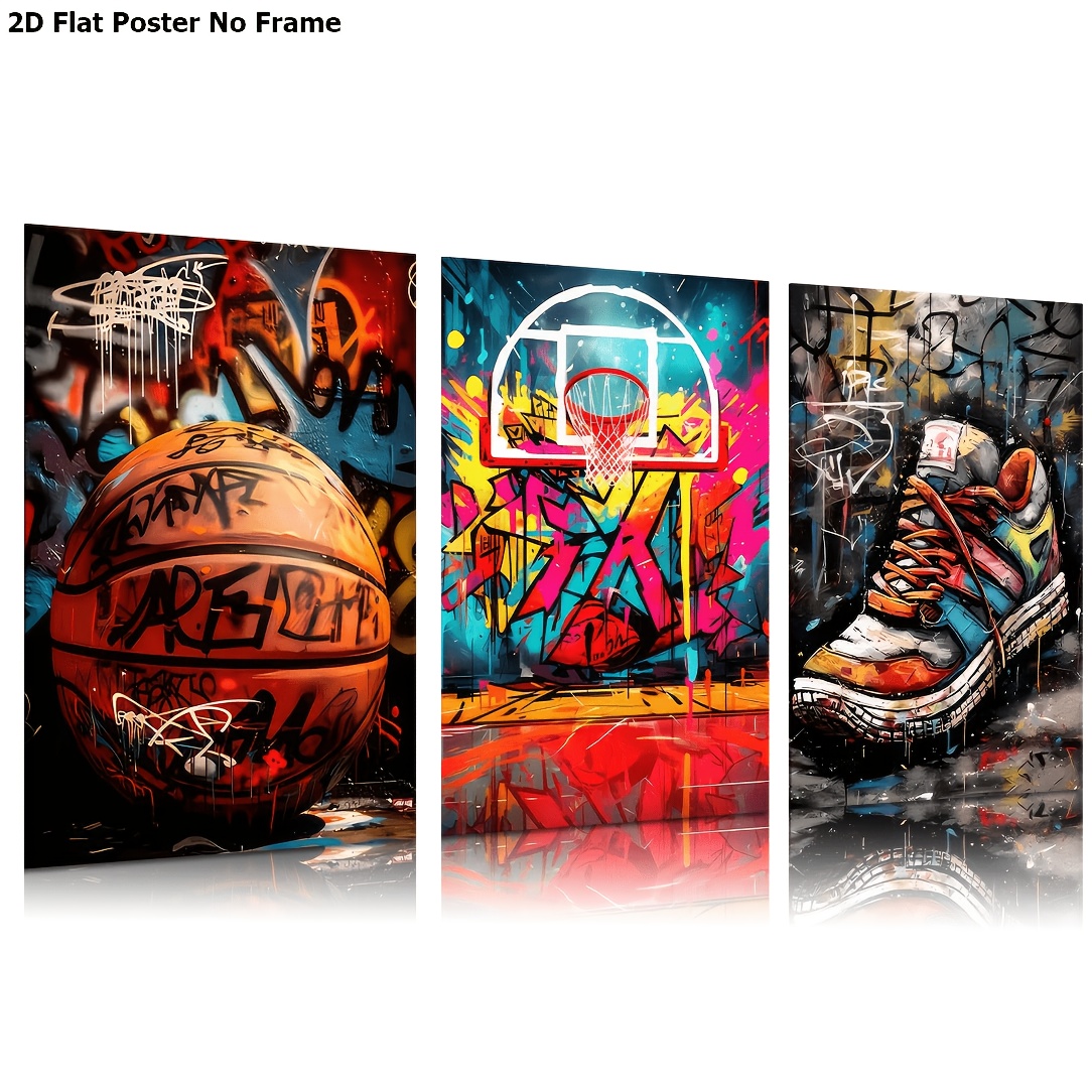 TEMU 2d Flat, 2d Flat Wall Decoration Poster No Frame 3pcs Basketball Graffiti Wall Art Basketball Court Sneakers Posters Paintings Abstract Graffiti