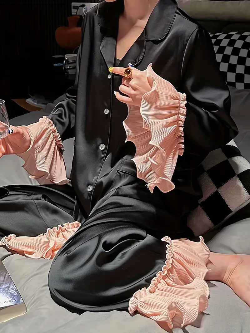 womens gongsatin pajamas with mushroom edge loose set sweet atmosphere wearing home clothes casual comfortable long sleeve pants set Product details 1