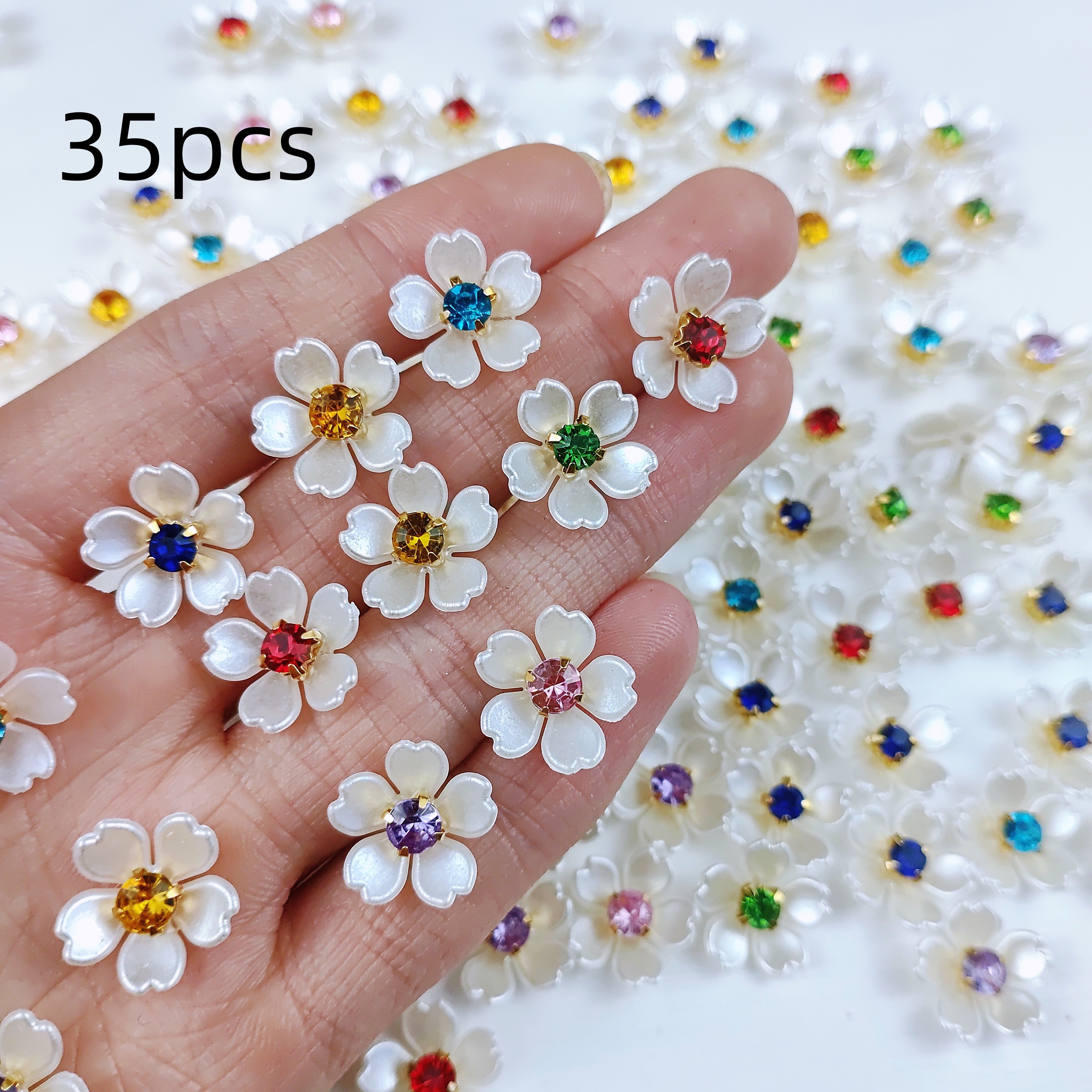 E-shop 35/65 Stk. Fünfblättrige Blumen mit Strass-Verzierung, gemischte Farben, 15 mm Aufnäher-Dekoration, geeignet für DIY-Kleidung, Ohrringe,