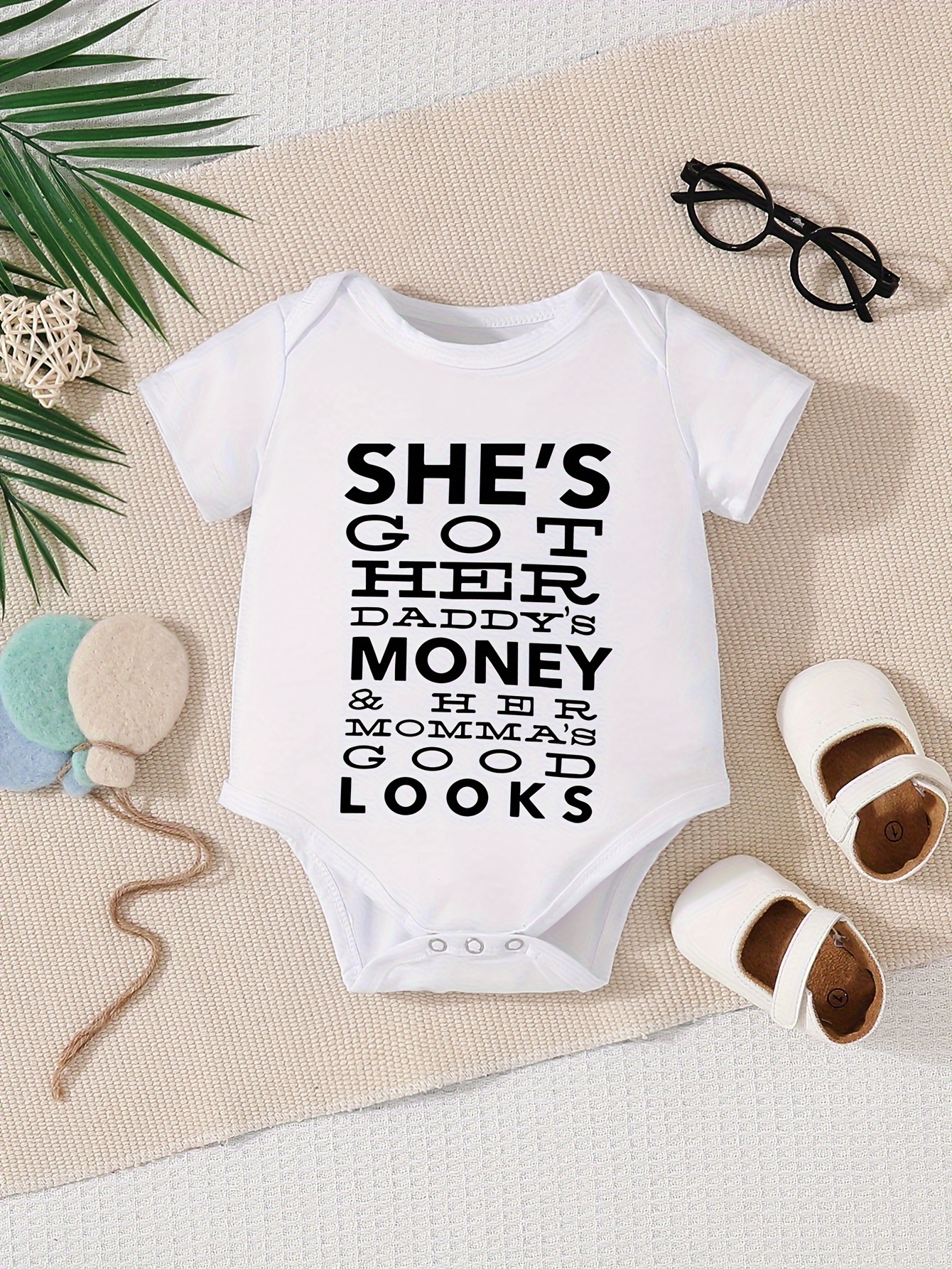 Baby Girls Casual 's Got Daddy's Money Short Sleeve Round - Temu