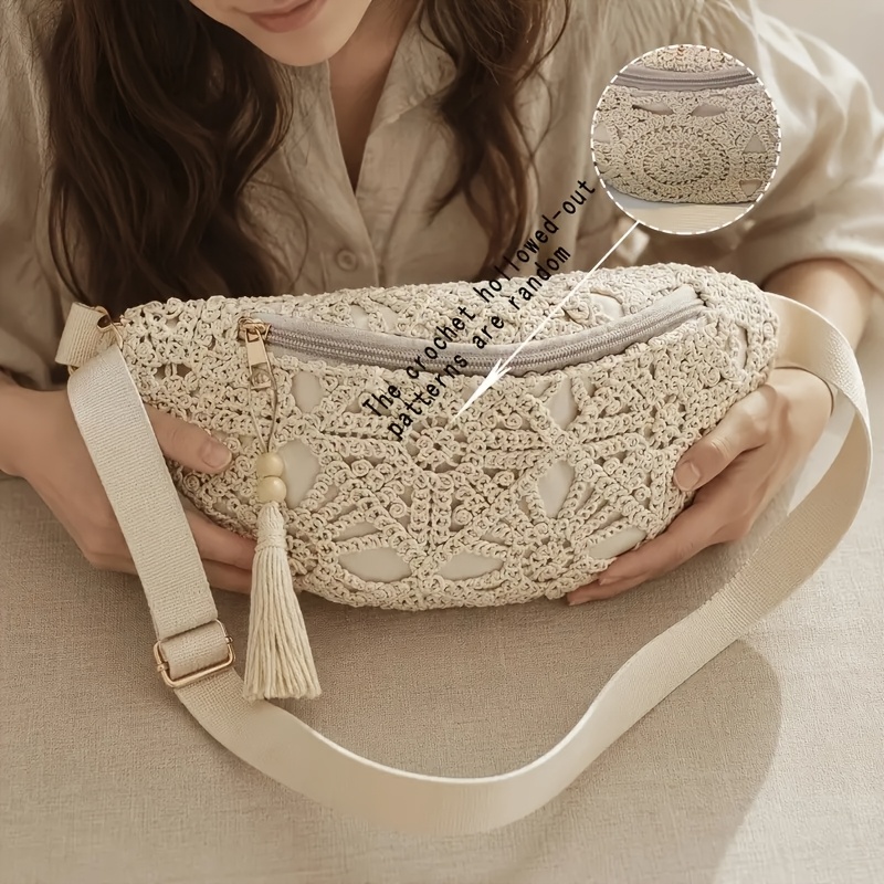 1 Bohemian Lace Waist Bag And 1 Tassel Pendant Woven Crochet Waist Bag, Bohemian Crossbody Waist Bag, Women's Beige Lace Crossbody Bag, Festival Lace Waist Bag