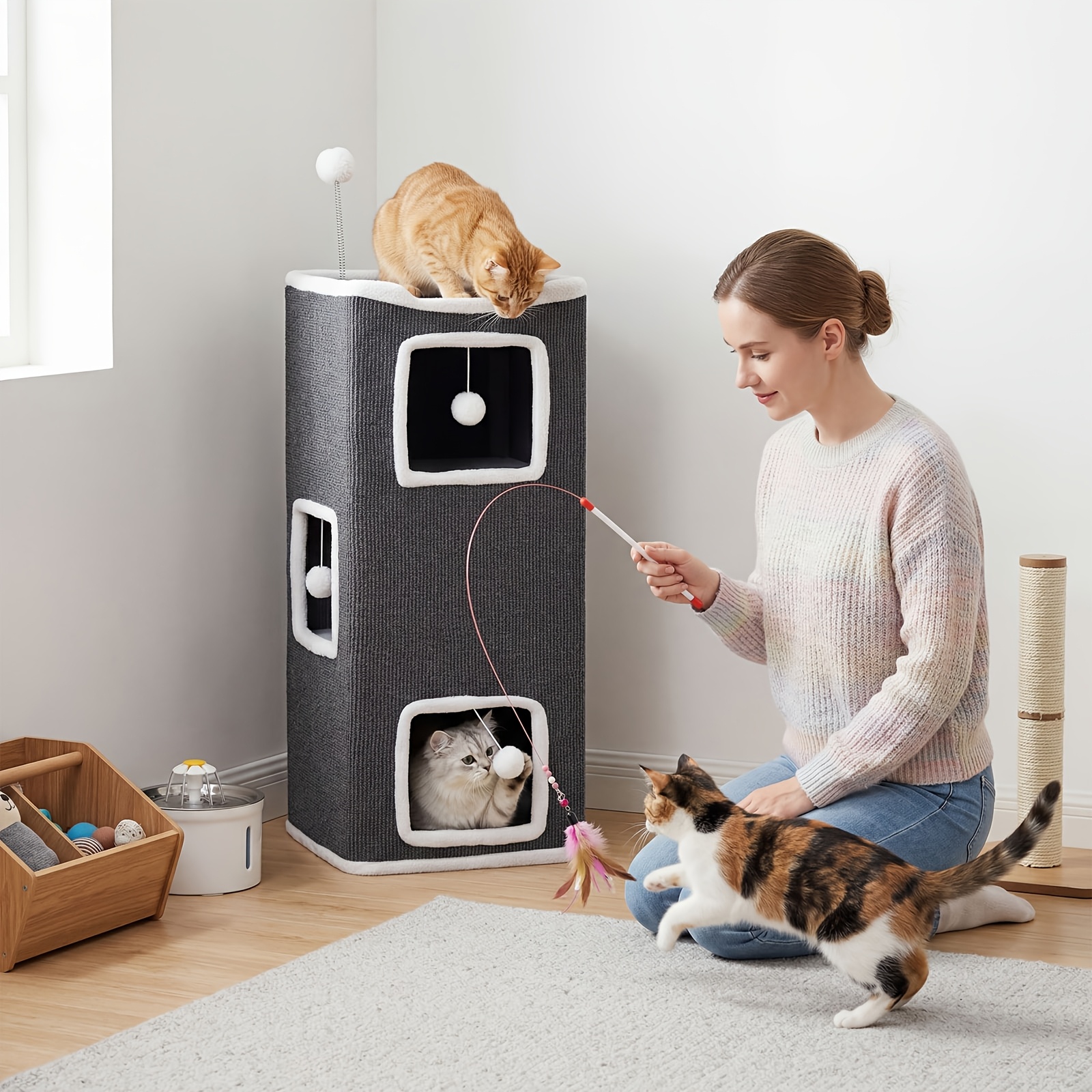 TEMU Three-layer Cat Bed, Grey Plush Fully Wrapped, Includes Cat Wand Toy, Stackable Style Cat Tree Bed, Sturdy Anti-shake Layered Design, Shared By