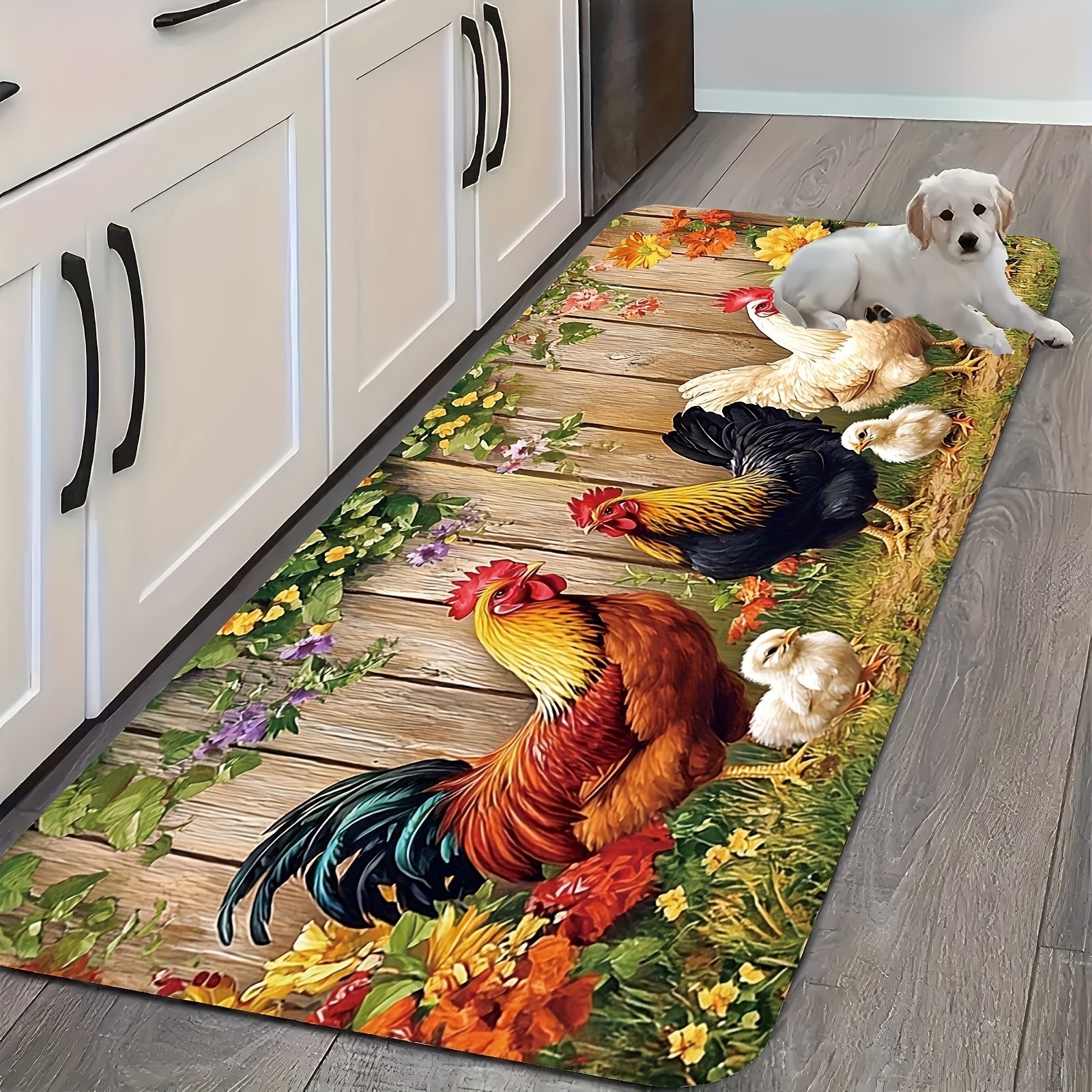 TEMU 1pc/2pcs, , Non-slip Kitchen Floor Mat, Kitchen Rugs, Vintage Spring Farmhouse Rooster, Chicks, Floral, Flannel Runner Mat, For Kitchen, Living